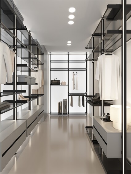 Vytvoř zónu. Ne bariéru. Mirante je subtilní šatní a policový …