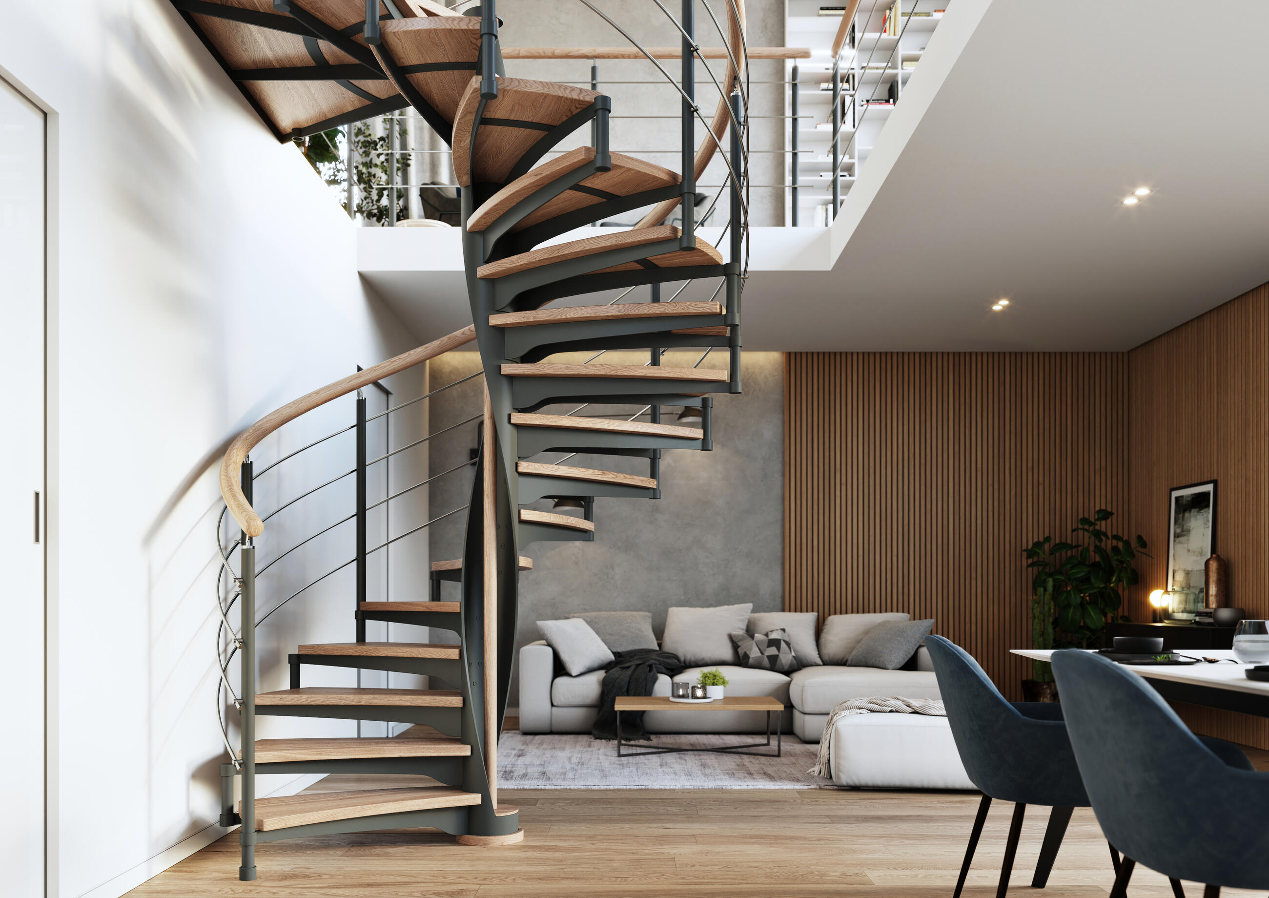 Kombinované interiérové schodiště Shell s kruhovým půdorysem